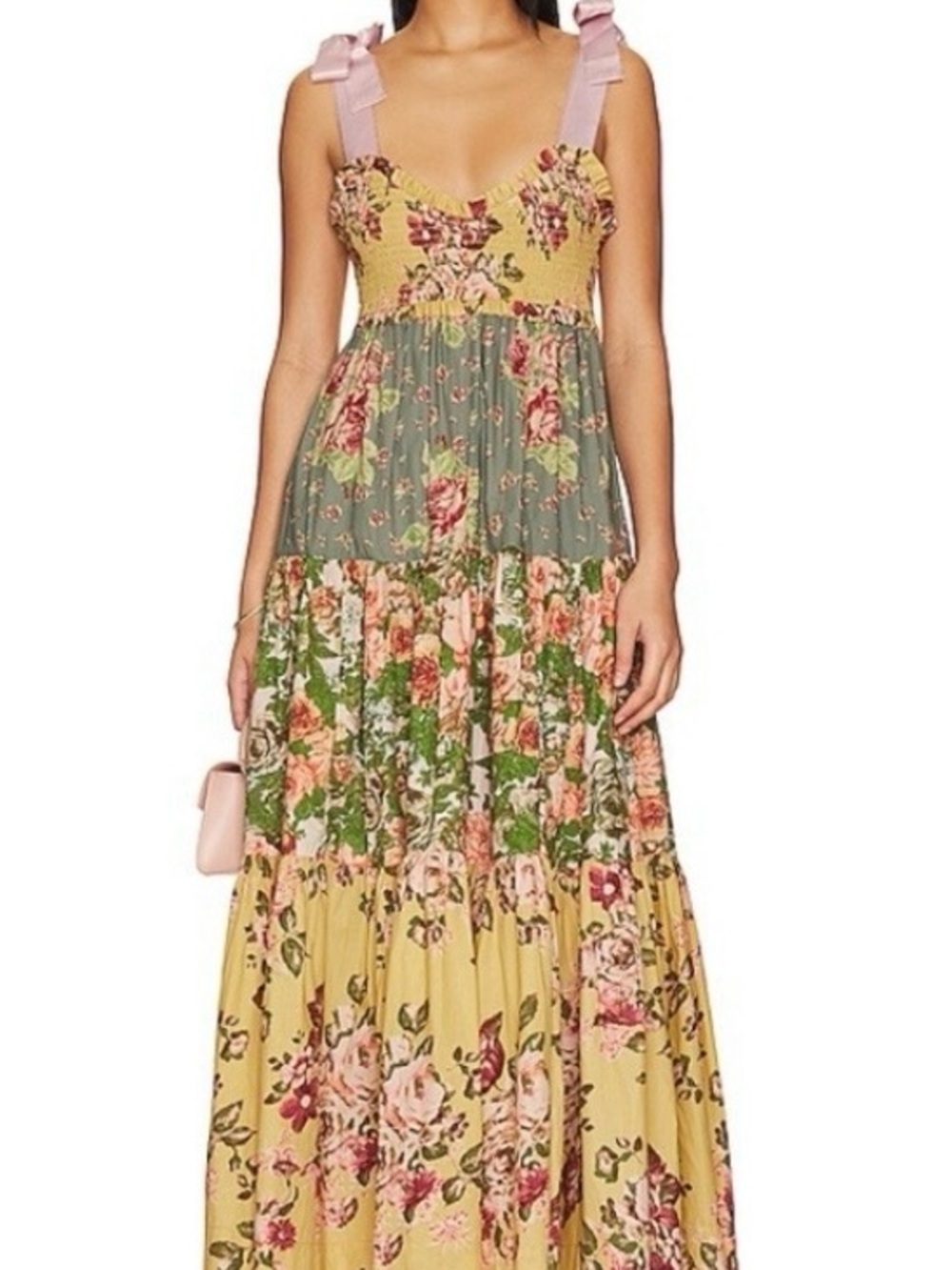 Free People Yellow and Green Floral Maxi Dress with Pink Ribbon Straps